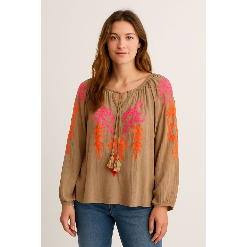 Soft Surroundings Beige Embroidered Floral Blouse Top Shirt Women's Plus Size 1X